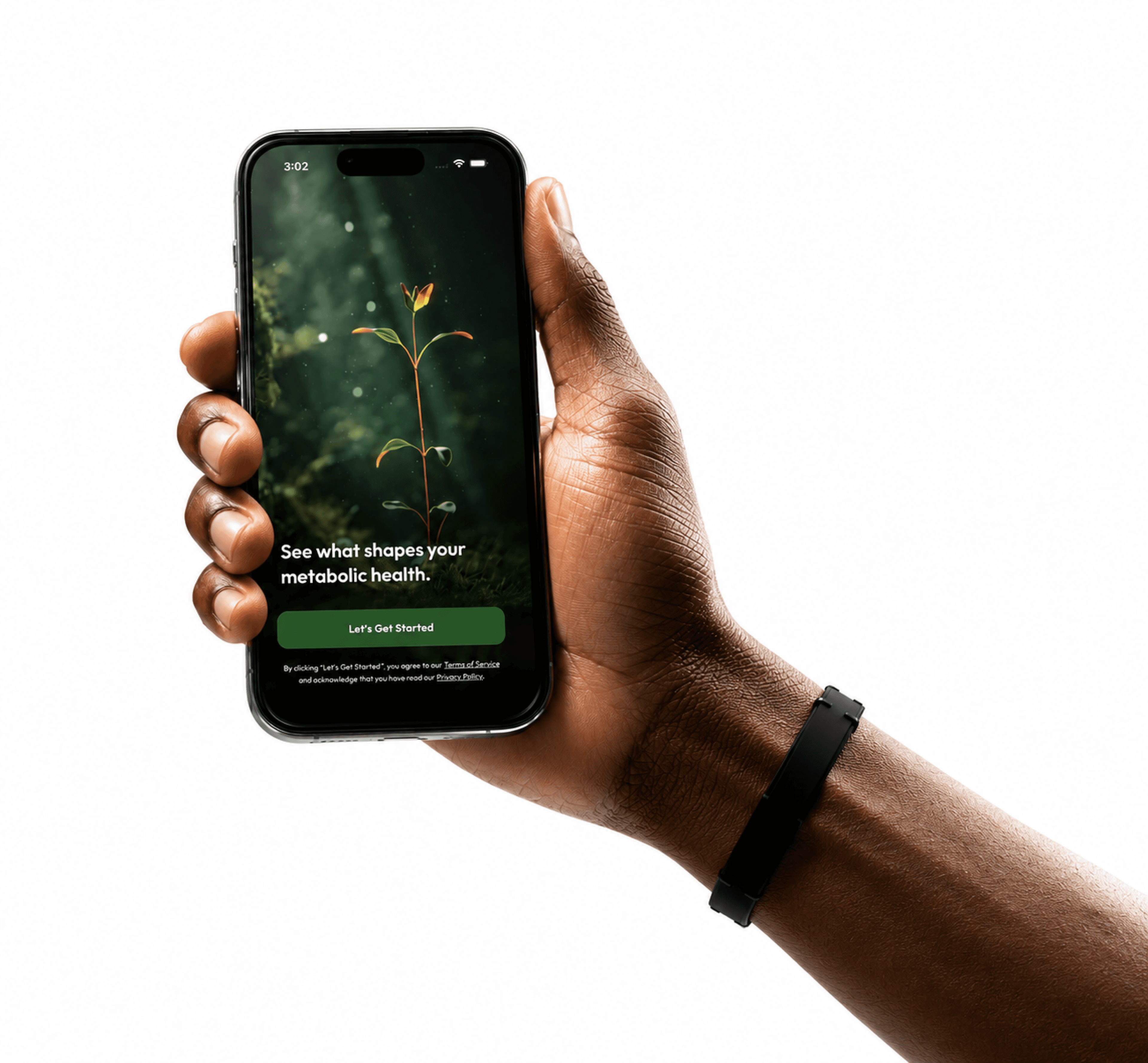 Hand holding a phone showing the metabolic-health onboarding screen